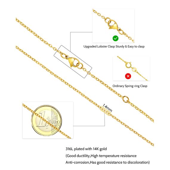 OSTAN Goldkette Damen Ohne Anhänger Gold Ankerkette Kette Gold Halskette Vergoldet Wasserfest Antioxidation Breite 1,4mm Vergoldet Silberkette Goldkette 35cm 40cm 45cm dünne Feine Glod kette Lang