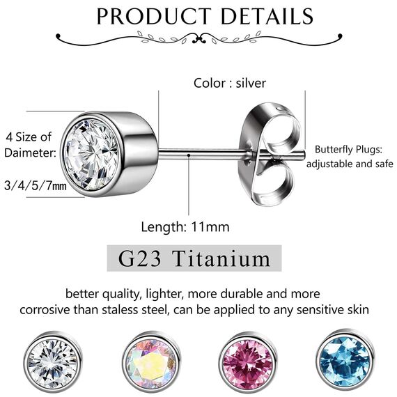 YADOCA 4 Paare G23 Titan Ohrringe Hypoallergen für Damen Herren Mädchen Silber Titan Ohrstecker Cubic Zirkonia Medizinische Ohrringe für Empfindliche Ohren 3/4/5/7mm