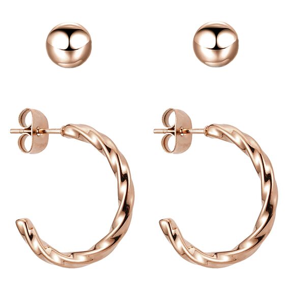 BONNYBIRD® Creolen Rosegold Ohrringe Damen Edelstahl Set Gedreht Geschwungen Ohrstecker Hoops Klein Frauen Wasserfest Schmuck Vergoldet Hypoallergen Chirurgenstahl Medizinisch