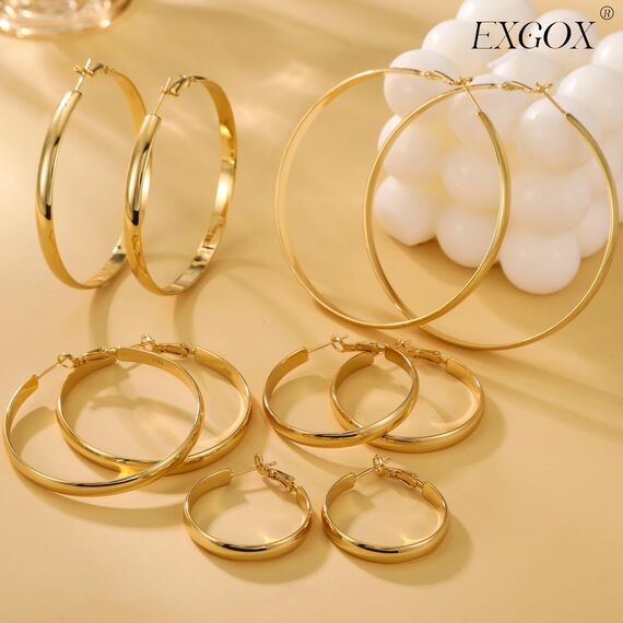 EXGOX Creolen Silber 925 für Damen 5mm Breite Groß Hypoallergene 14K Vergoldete Ohrringe Gold 30/40/50/60/70mm
