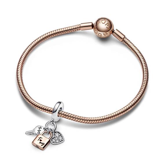 PANDORA Bicolor Schlüssel, Vorhängeschloss & Herz Dreifacher Charm-Anhänger aus Sterling-Silber und rosévergoldete Metalllegierung mit Cubic Zirkonia verziert, 782506C01