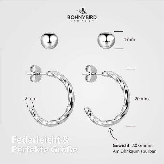 BONNYBIRD® Creolen Silber Ohrringe Damen Edelstahl Set Gedreht Geschwungen Ohrstecker Hoops Klein Frauen Wasserfest Schmuck Vergoldet Hypoallergen Chirurgenstahl Medizinisch