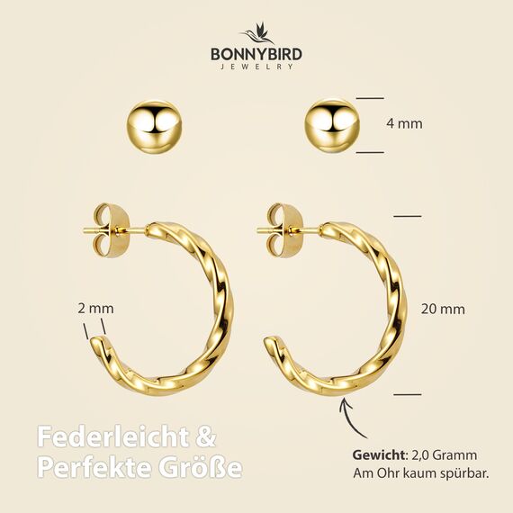 BONNYBIRD® Ohrringe Gold Creolen Damen Edelstahl Set Gedreht Geschwungen Ohrstecker Hoops Klein Frauen Wasserfest Schmuck Vergoldet Hypoallergen Chirurgenstahl Medizinisch