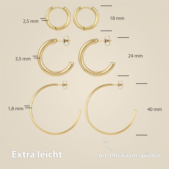 BONNYBIRD® Creolen Gold Set Edelstahl Groß Damen Goldene Ohrringe Breit Dünn Klein Ohrstecker Frauen Wasserfest Schmuck Vergoldet Hypoallergen Medizinischer Chirurgenstahl Nickelfrei Goldschmuck