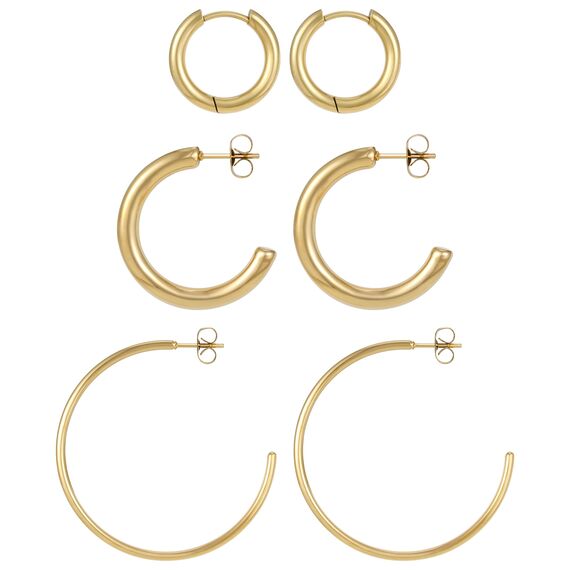 BONNYBIRD® Creolen Gold Set Edelstahl Groß Damen Goldene Ohrringe Breit Dünn Klein Ohrstecker Frauen Wasserfest Schmuck Vergoldet Hypoallergen Medizinischer Chirurgenstahl Nickelfrei Goldschmuck