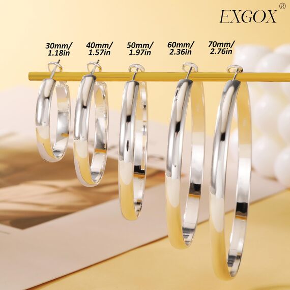 EXGOX Creolen Silber 925 für Damen 5mm Breite, Groß Hypoallergene 14K Vergoldete Ohrringe Gold für Damen 30/40/50/60/70mm