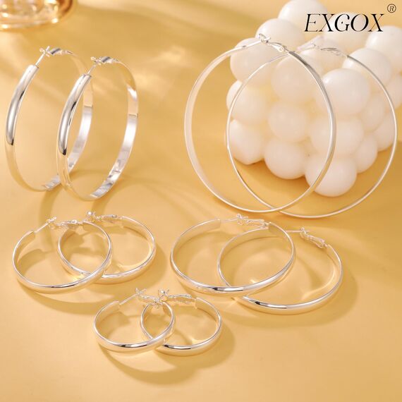 EXGOX Creolen Silber 925 für Damen 5mm Breite, Groß Hypoallergene 14K Vergoldete Ohrringe Gold für Damen 30/40/50/60/70mm