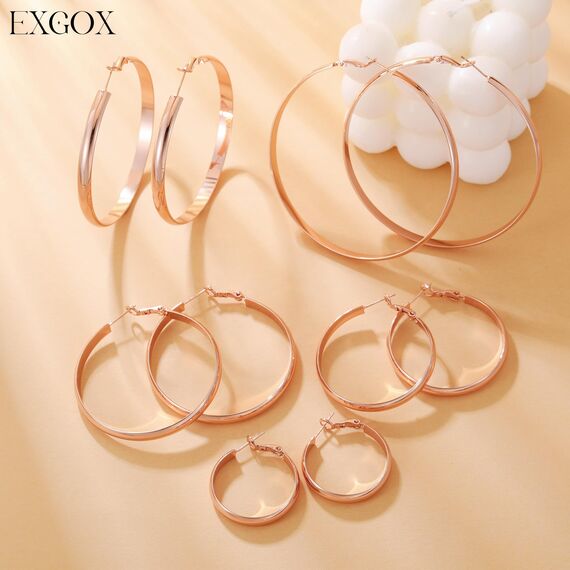 EXGOX Creolen Silber 925 für Damen 5mm Breite Groß Hypoallergene 14K Vergoldete Ohrringe Gold 30/40/50/60/70mm