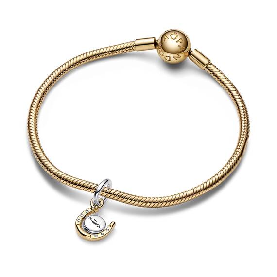 PANDORA Moments Bicolor Drehende Hufeisen-Scheibe Charm-Anhänger aus Sterling Silber mit 14 Karat vergoldeter Metalllegierung, Zirkonia, Kompatibel Moments Armbänder, 762713C01