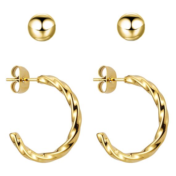 BONNYBIRD® Ohrringe Gold Creolen Damen Edelstahl Set Gedreht Geschwungen Ohrstecker Hoops Klein Frauen Wasserfest Schmuck Vergoldet Hypoallergen Chirurgenstahl Medizinisch