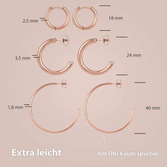 BONNYBIRD® Creolen Rosegold Set Edelstahl Groß Damen Goldene Ohrringe Breit Dünn Klein Ohrstecker Frauen Wasserfest Schmuck Vergoldet Hypoallergen Medizinischer Chirurgenstahl Nickelfrei Goldschmuck