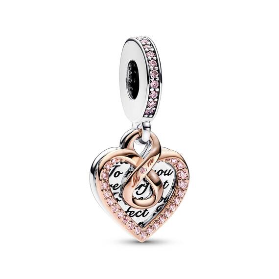 PANDORA Moments Bicolor Unendlichkeits-Herz Doppelter Charm-Anhänger mit rosevergoldeter Metalllegierung Moments Collection, kompatibel Moments Armbändern, 782641C01