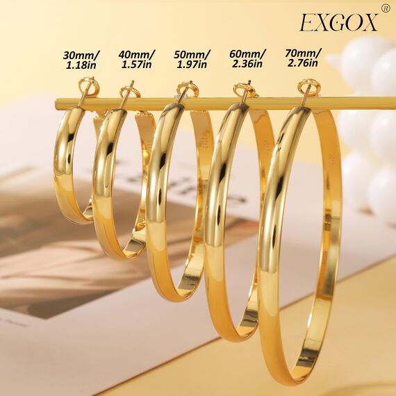 EXGOX Creolen Silber 925 für Damen - 5mm Breite, Groß, Hypoallergene 14K Vergoldete Ohrringe Gold - 30/40/50/60/70mm