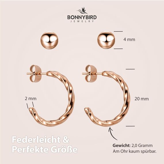 BONNYBIRD® Creolen Rosegold Ohrringe Damen Edelstahl Set Gedreht Geschwungen Ohrstecker Hoops Klein Frauen Wasserfest Schmuck Vergoldet Hypoallergen Chirurgenstahl Medizinisch