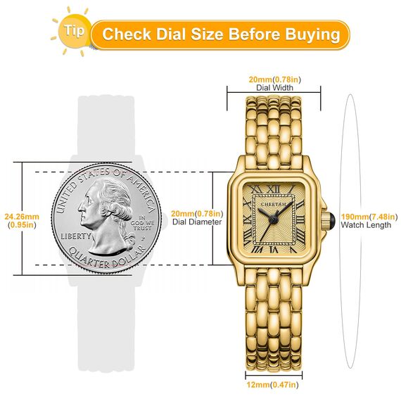 CHEETAH Armbanduhr Damen Kleine Analoge Quarz Uhr Damen mit Vintage-Armband, Rechteckiges Gehäuse, Römisches Zifferblatt, Digitale wasserdichte Armbanduhr für Frauen und Mädchen - Gold Gold
