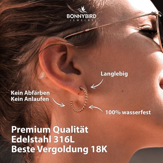 BONNYBIRD® Creolen Rosegold Damen Edelstahl Gedreht Ohrringe Medizinische Ohrstecker Chirgurenstahl Kreolen Wasserfest Schmuck Hypoallergen Nickelfrei Frauen Hoops Geschwungen Vergoldet