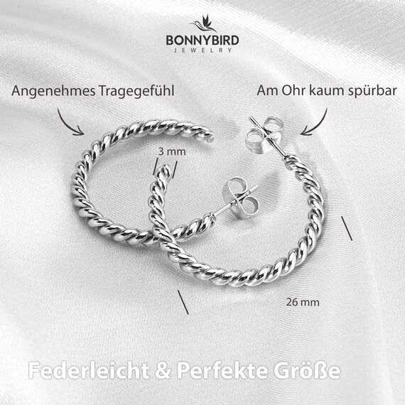 BONNYBIRD® Creolen Silber Damen Edelstahl Gedreht Ohrringe Ohrstecker Chirgurenstahl Kreolen Wasserfest Schmuck Medizinische Hypoallergen Nickelfrei Frauen Hoops Geschwungen