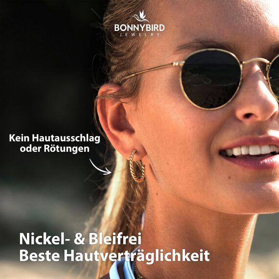 BONNYBIRD® Creolen Gold Damen Edelstahl Gedreht Ohrringe Medizinische Ohrstecker Chirgurenstahl Kreolen Wasserfest Schmuck Hypoallergen Nickelfrei Frauen Hoops Geschwungen Vergoldet