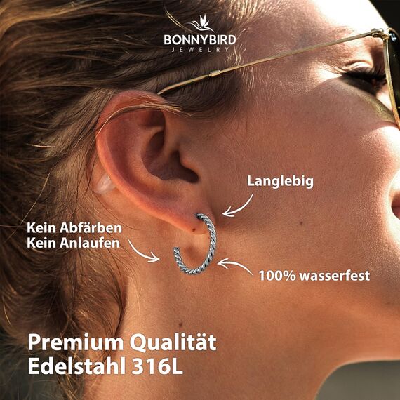 BONNYBIRD® Creolen Silber Damen Edelstahl Gedreht Ohrringe Ohrstecker Chirgurenstahl Kreolen Wasserfest Schmuck Medizinische Hypoallergen Nickelfrei Frauen Hoops Geschwungen