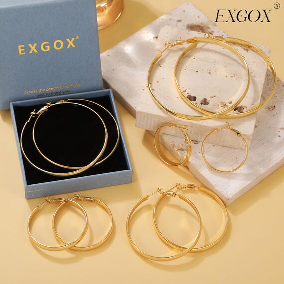 EXGOX Creolen Silber 925 für Damen - 5mm Breite, Groß, Hypoallergen, 14K Vergoldet - Gold Ohrringe 30/40/50/60/70mm