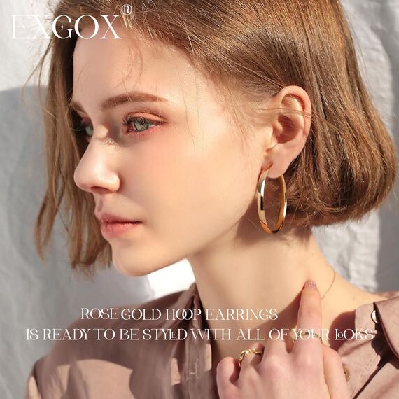 EXGOX Creolen Silber 925 für Damen 5mm Breite Groß Hypoallergene 14K Vergoldete Ohrringe Gold 30/40/50/60/70mm