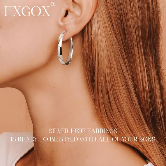 EXGOX Creolen Silber 925 für Damen 5mm Breite Groß Hypoallergene 14K Vergoldete Ohrringe Gold 30/40/50/60/70mm