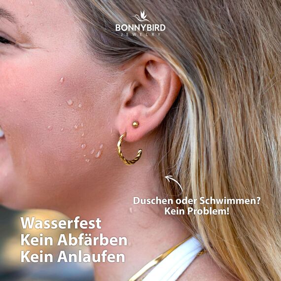 BONNYBIRD® Ohrringe Gold Creolen Damen Edelstahl Set Gedreht Geschwungen Ohrstecker Hoops Klein Frauen Wasserfest Schmuck Vergoldet Hypoallergen Chirurgenstahl Medizinisch