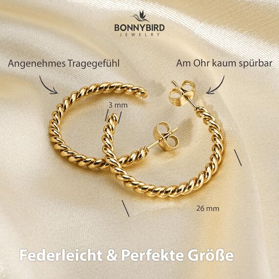 BONNYBIRD® Creolen Gold Damen Edelstahl Gedreht Ohrringe Medizinische Ohrstecker Chirgurenstahl Kreolen Wasserfest Schmuck Hypoallergen Nickelfrei Frauen Hoops Geschwungen Vergoldet