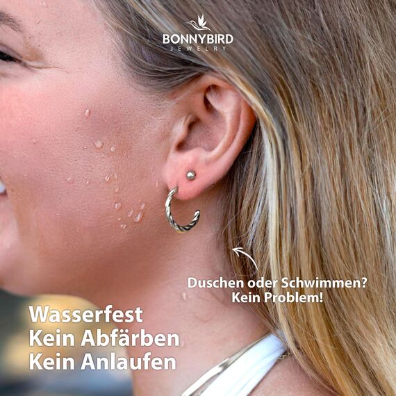 BONNYBIRD® Creolen Silber Ohrringe Damen Edelstahl Set Gedreht Geschwungen Ohrstecker Hoops Klein Frauen Wasserfest Schmuck Vergoldet Hypoallergen Chirurgenstahl Medizinisch