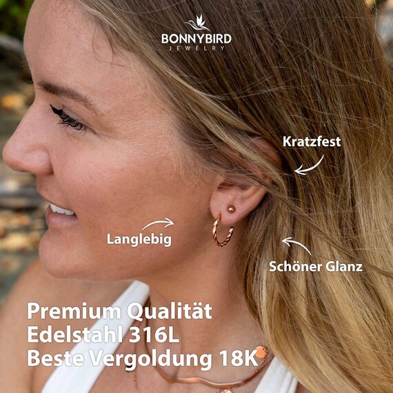 BONNYBIRD® Creolen Rosegold Ohrringe Damen Edelstahl Set Gedreht Geschwungen Ohrstecker Hoops Klein Frauen Wasserfest Schmuck Vergoldet Hypoallergen Chirurgenstahl Medizinisch