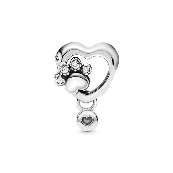 PANDORA Funkelndes Hundepfotenabdruck & Herz Charm, Silber, 1,7cm, 798873C01