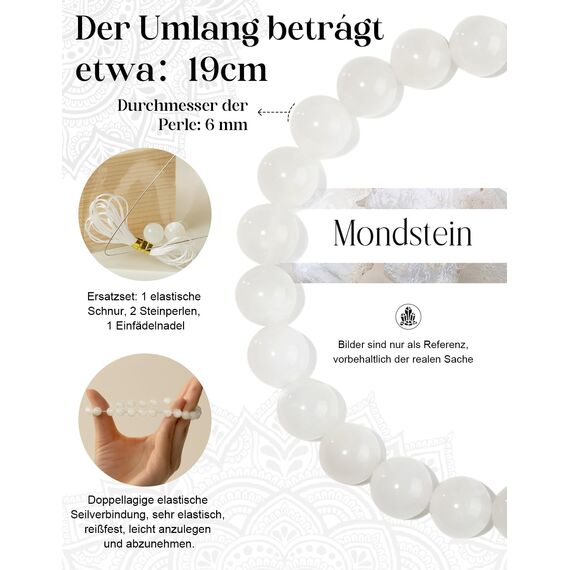 Landorilo Echte Naturstein Perlen Heilsteine Armband Damen Herren, 8MM Runde Edelsteine Yoga Armbänder, Glücksarmband, Kreative Schmuck Geschenke(Mondstein)