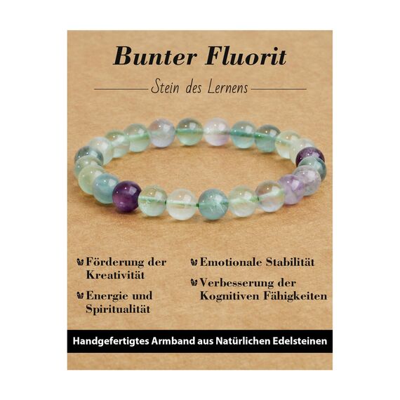 Landorilo Handmade Echte Naturstein Perlen Heilsteine Armband Damen Herren, 8MM Runde Edelsteine Yoga Armbänder, Glücksarmband, Kreative Schmuck Geschenke(Bunter Fluorit)