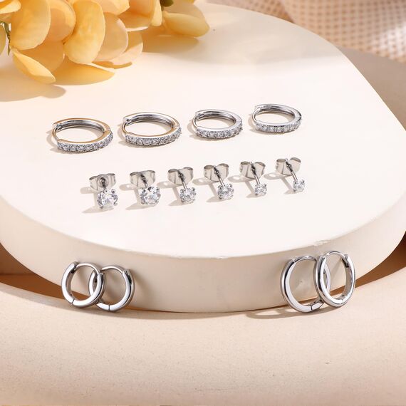 Ohrringe Silber, 316L Chirurgenstahl Steckerstift Ohrstecker & Creolen Silber Set | 18K Vergoldetes Hypoallergene Cubic Zirkonia Ohrstecker & Knorpel Ohrring Huggie Creolen Klein für Damen, 7 Paar