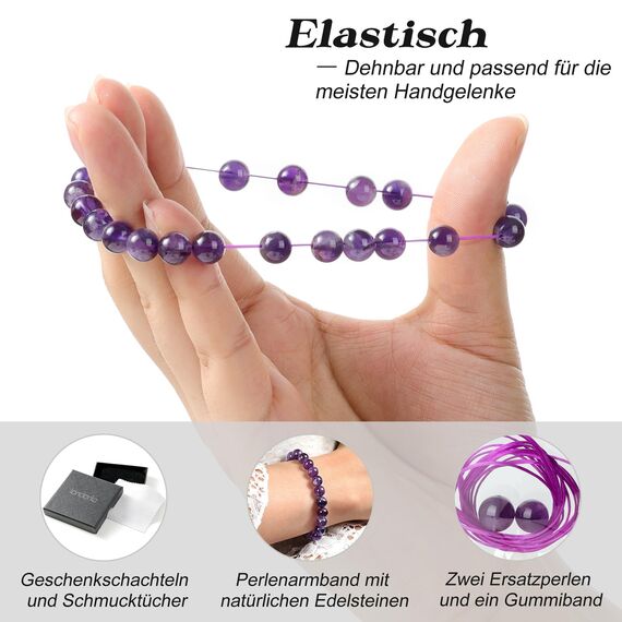 Landorilo Echte Naturstein Perlen Armband, Damen Herren Verträumt Amethyst Perlenarmband, 8MM Runde Edelsteine Yoga Chakren Armbänder, Geburtstag Valentinstag Geschenke