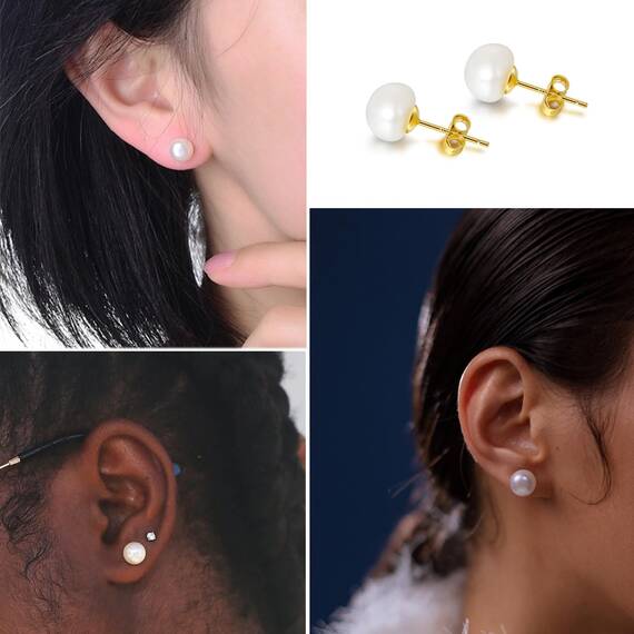 Süßwasserperlen Ohrringe Echt 925 Silber Stecker Perlenohrringe Gold Vergoldet Weiß Damen 8MM Kleine Süßwasser-Zuchtperlen Ohrringe Ohrstecker