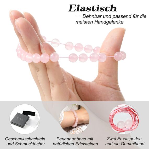 Landorilo Echte Naturstein Perlen Armband, Damen Herren Rosenquarz Perlenarmband, 8MM Runde Edelsteine Yoga Chakren Armbänder, Geburtstag Valentinstag Geschenke