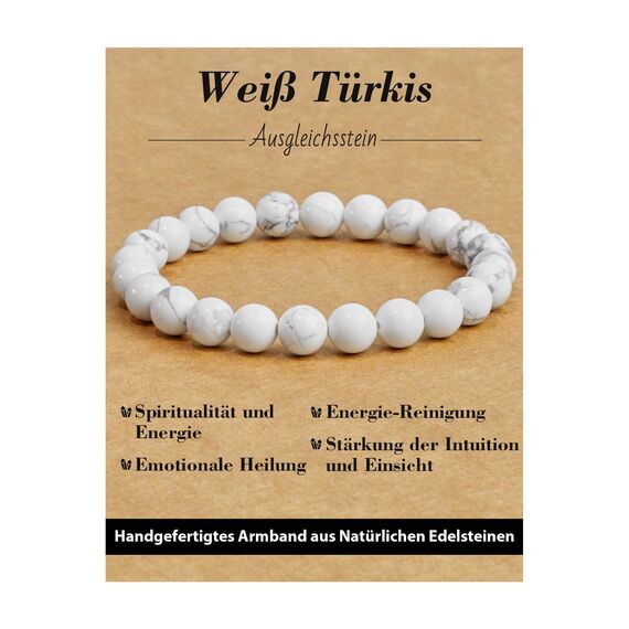 Landorilo Handmade Echte Naturstein Perlen Heilsteine Armband Damen Herren, 8MM Runde Edelsteine Yoga Armbänder, Glücksarmband, Kreative Schmuck Geschenke(Weiß Türkis)