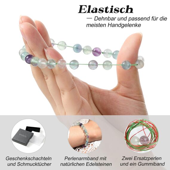 Landorilo Handmade Echte Naturstein Perlen Heilsteine Armband Damen Herren, 8MM Runde Edelsteine Yoga Armbänder, Glücksarmband, Kreative Schmuck Geschenke(Bunter Fluorit)