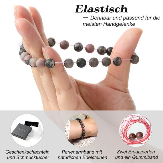 Landorilo Handmade Echte Naturstein Perlen Heilsteine Armband Damen Herren, 8MM Runde Edelsteine Yoga Armbänder, Glücksarmband, Kreative Schmuck Geschenke(Scrub Rosa Schwarzer Rhodonit)