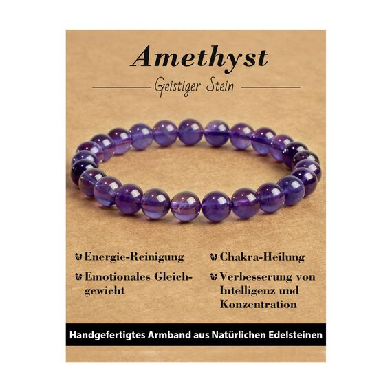 Landorilo Echte Naturstein Perlen Armband, Damen Herren Verträumt Amethyst Perlenarmband, 8MM Runde Edelsteine Yoga Chakren Armbänder, Geburtstag Valentinstag Geschenke