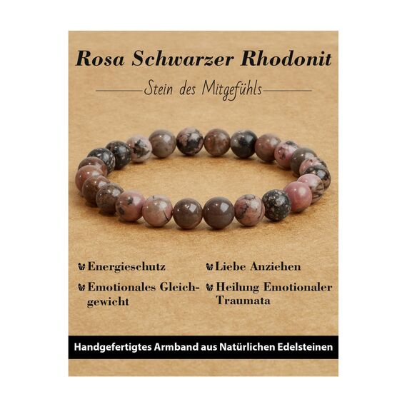 Landorilo Handmade Echte Naturstein Perlen Heilsteine Armband Damen Herren, 8MM Runde Edelsteine Yoga Armbänder, Glücksarmband, Kreative Schmuck Geschenke(Rosa Schwarzer Rhodonit)