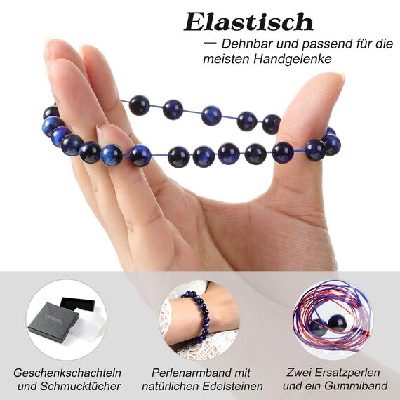 Landorilo Handmade Echte Naturstein Perlen Heilsteine Armband Damen Herren, 8MM Runde Edelsteine Yoga Armbänder, Glücksarmband, Kreative Schmuck Geschenke(Blaues Tigerauge)