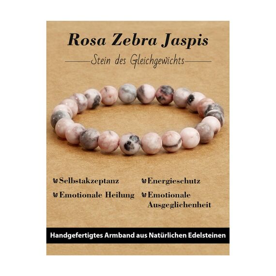 Landorilo Handmade Echte Naturstein Perlen Heilsteine Armband Damen Herren, 8MM Runde Edelsteine Yoga Armbänder, Glücksarmband, Kreative Schmuck Geschenke(Rosa Zebra Jaspis)