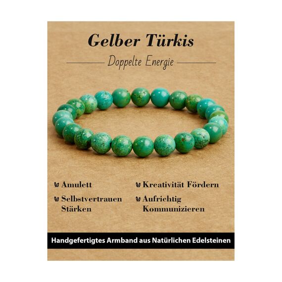 Landorilo Handmade Echte Naturstein Perlen Heilsteine Armband Damen Herren, 8MM Runde Edelsteine Yoga Armbänder, Glücksarmband, Kreative Schmuck Geschenke(Gelber Türkis)