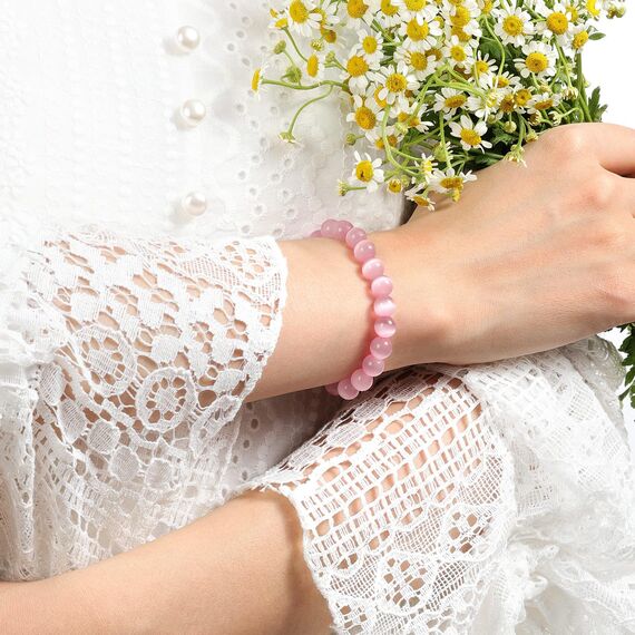 Landorilo Handmade Echte Naturstein Perlen Heilsteine Armband Damen Herren, 8MM Runde Edelsteine Yoga Armbänder, Glücksarmband, Kreative Schmuck Geschenke(Rosa Katzenauge)