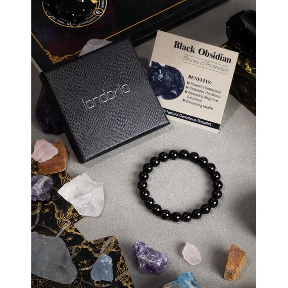 Landorilo Echte Naturstein Perlen Heilsteine Armband Damen Herren, 8MM Runde Edelsteine Yoga Armbänder, Glücksarmband, Kreative Schmuck Geschenke(Schwarzer Obsidian)