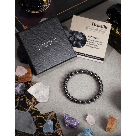 Landorilo Echte Naturstein Perlen Heilsteine Armband Damen Herren, 8MM Runde Edelsteine Yoga Armbänder, Glücksarmband, Kreative Schmuck Geschenke(Hämatit)