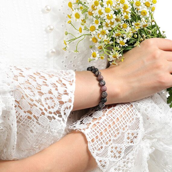 Landorilo Handmade Echte Naturstein Perlen Heilsteine Armband Damen Herren, 8MM Runde Edelsteine Yoga Armbänder, Glücksarmband, Kreative Schmuck Geschenke(Scrub Rosa Schwarzer Rhodonit)