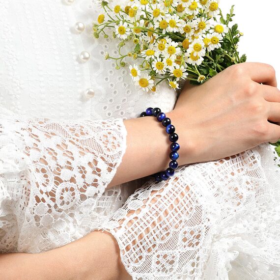 Landorilo Handmade Echte Naturstein Perlen Heilsteine Armband Damen Herren, 8MM Runde Edelsteine Yoga Armbänder, Glücksarmband, Kreative Schmuck Geschenke(Blaues Tigerauge)